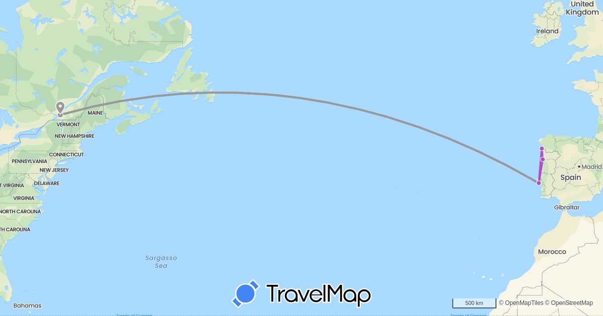 TravelMap itinerary: plane, train in Canada, Spain, Portugal (Europe, North America)